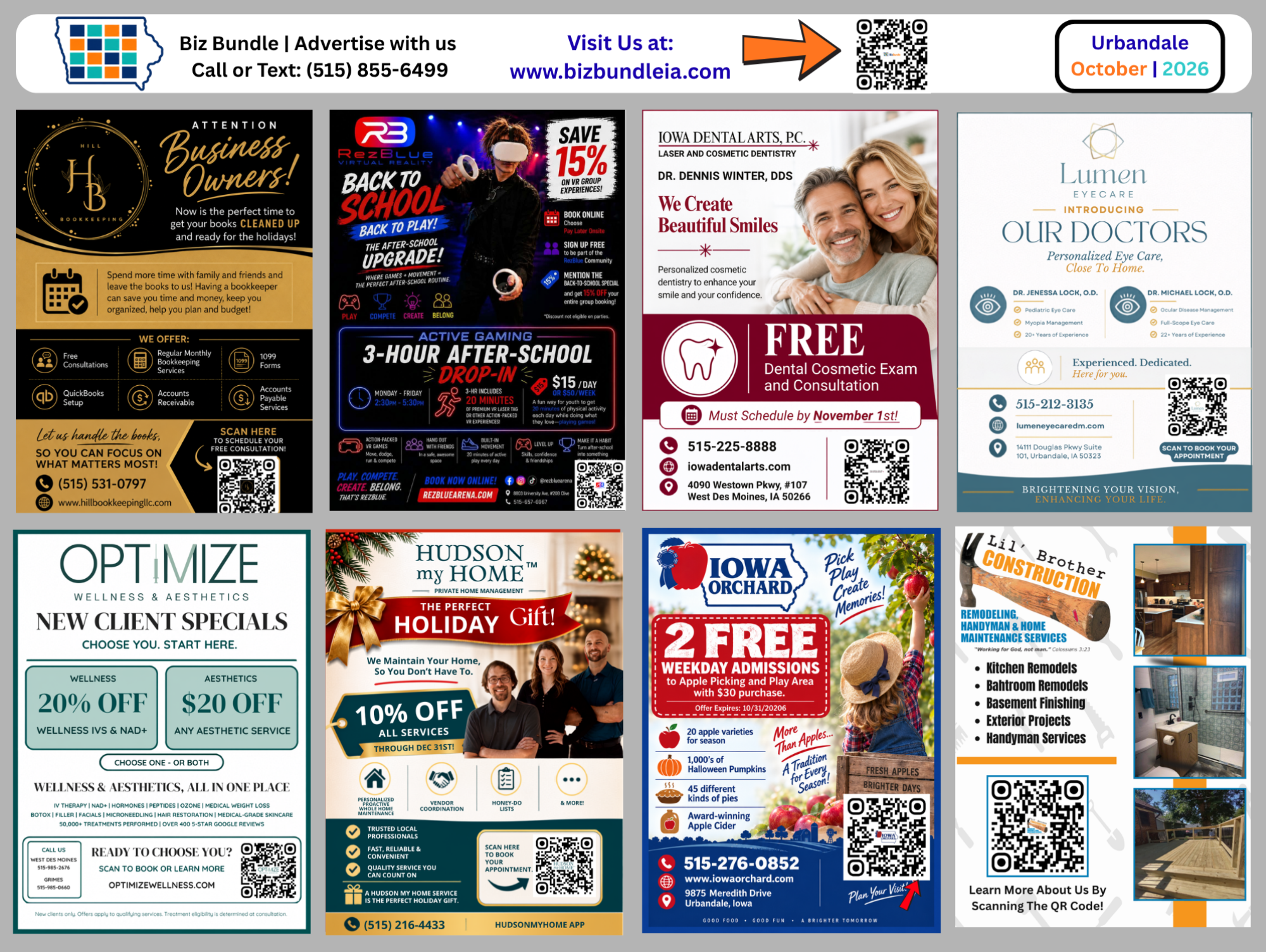 Front of the BizBundle Urbandale shared-mail postcard featuring local business advertisements
